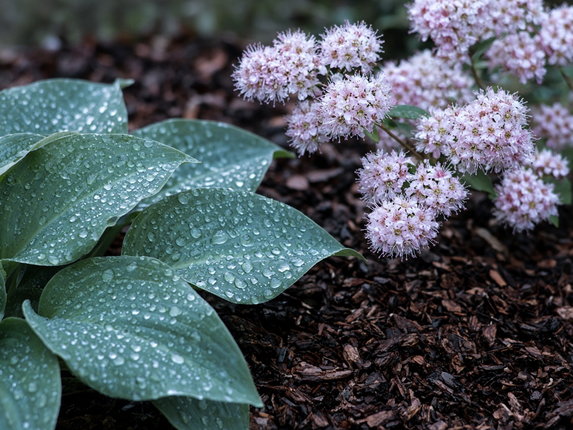 Close detail of mulch bed edge and planting texture
