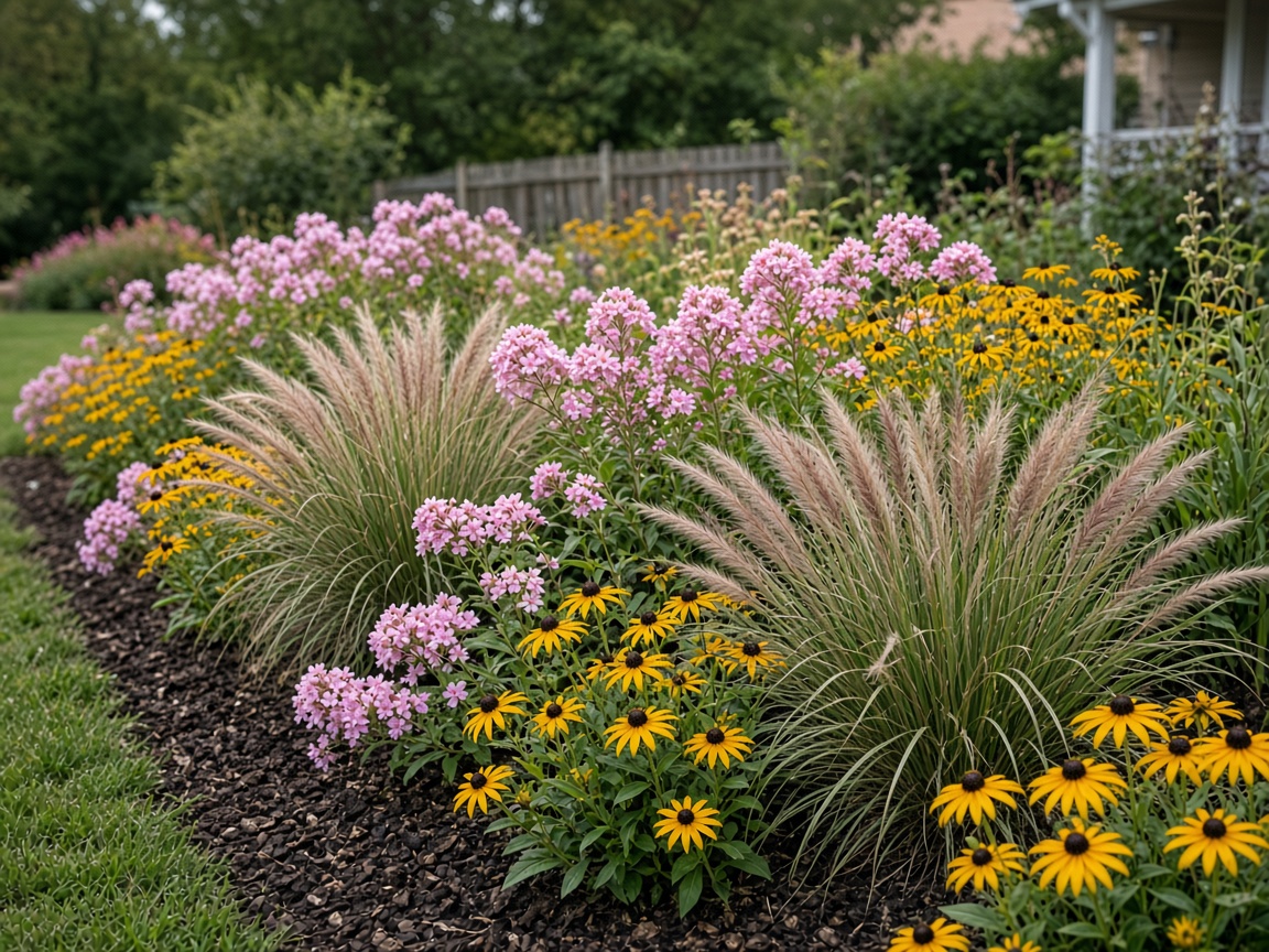 Layered perennial planting with yellow and pink blooms