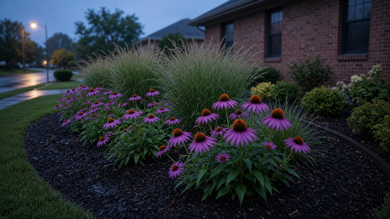 Residential landscape bed at dusk along a brick home